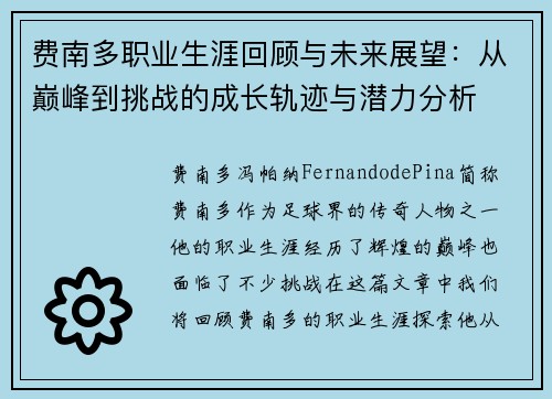 费南多职业生涯回顾与未来展望：从巅峰到挑战的成长轨迹与潜力分析